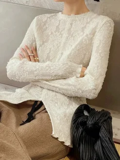 COMMENSE Semi-sheer Jacquard Lace Long Sleeve Split Top* T-shirts|Tops