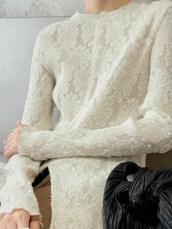 COMMENSE Semi-sheer Jacquard Lace Long Sleeve Split Top* T-shirts|Tops