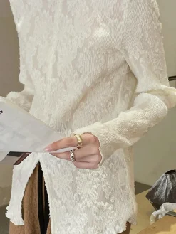 COMMENSE Semi-sheer Jacquard Lace Long Sleeve Split Top* T-shirts|Tops