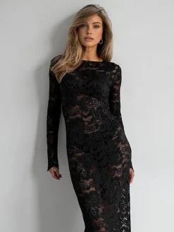 COMMENSE Semi-Sheer Lace Long Dress* Black Dresses|Cocktail & Party Dresses
