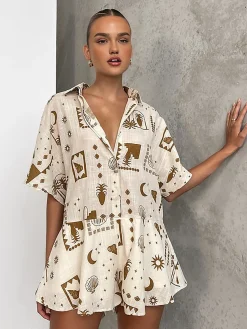 COMMENSE Semi-Sheer Loosen Print Jumpsuit* White Dresses|Jumpsuits & Rompers