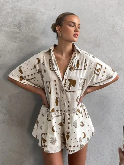 COMMENSE Semi-Sheer Loosen Print Jumpsuit* White Dresses|Jumpsuits & Rompers