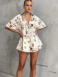 COMMENSE Semi-Sheer Loosen Print Jumpsuit* White Dresses|Jumpsuits & Rompers