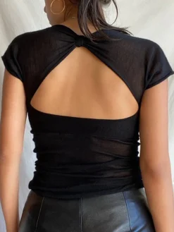 COMMENSE Semi-sheer Mesh Open Back T-shirt* Sweater Tops|T-shirts
