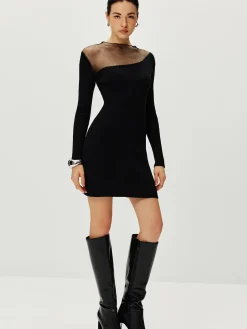 COMMENSE Semi-Sheer Panel Sweater Dress* Black Dresses|Sweater Dresses