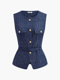 COMMENSE Sequins Button Belted Tweed Vest* Outerwear|Vests