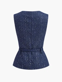 COMMENSE Sequins Button Belted Tweed Vest* Outerwear|Vests