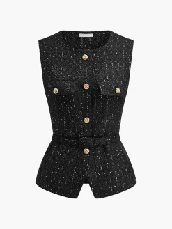 COMMENSE Sequins Button Belted Tweed Vest* Outerwear|Vests