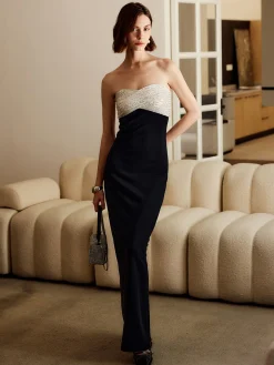COMMENSE Sequins Color Block Tube Long Dress* Black Dresses|Cocktail & Party Dresses