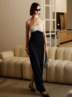 COMMENSE Sequins Color Block Tube Long Dress* Black Dresses|Cocktail & Party Dresses