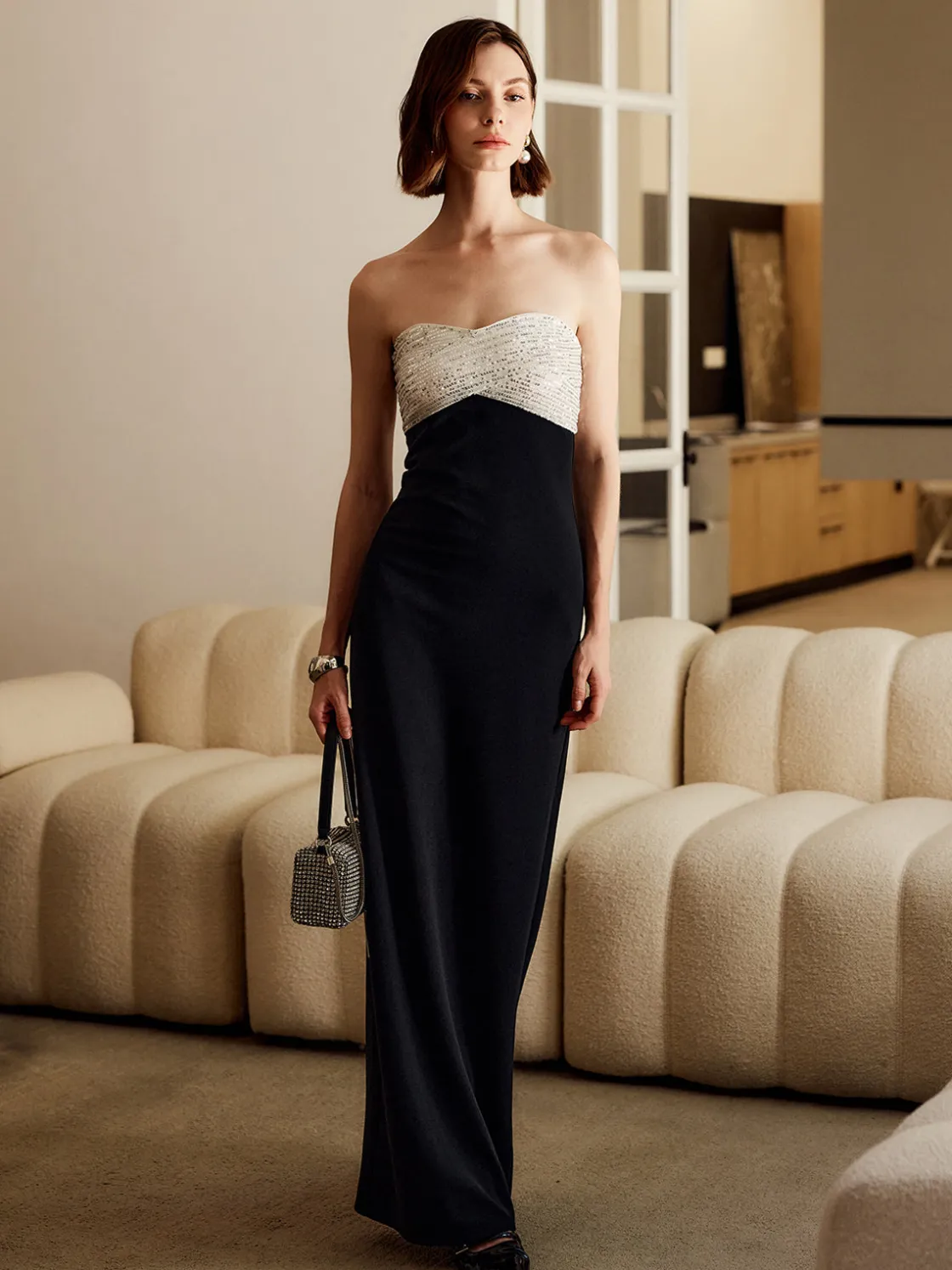 COMMENSE Sequins Color Block Tube Long Dress* Black Dresses|Cocktail & Party Dresses