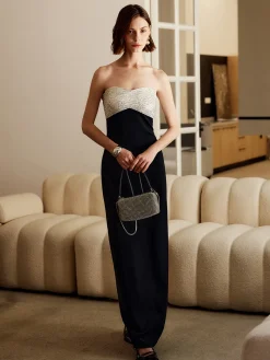 COMMENSE Sequins Color Block Tube Long Dress* Black Dresses|Cocktail & Party Dresses