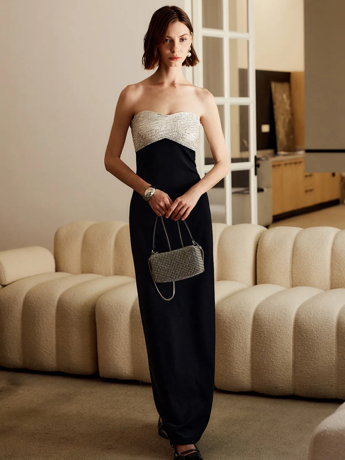 COMMENSE Sequins Color Block Tube Long Dress* Black Dresses|Cocktail & Party Dresses