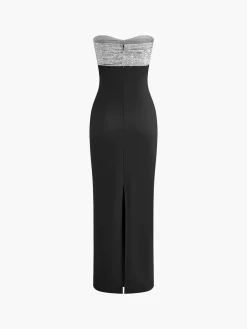 COMMENSE Sequins Color Block Tube Long Dress* Black Dresses|Cocktail & Party Dresses