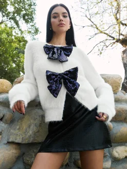 COMMENSE Sequins-Bow Fuzzy Split Sweater* Knitwear|Tops