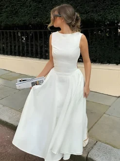 COMMENSE Serendipity Cutout Backless Midi Dress* White Dresses|Casual Dresses
