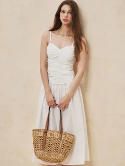 COMMENSE Serendipity Ruched Cami Long Dress* White Dresses|Work Dresses