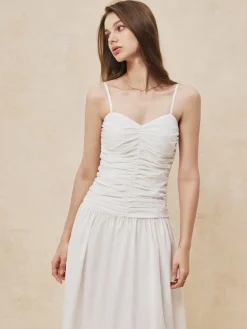 COMMENSE Serendipity Ruched Cami Long Dress* White Dresses|Work Dresses