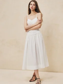 COMMENSE Serendipity Ruched Cami Long Dress* White Dresses|Work Dresses