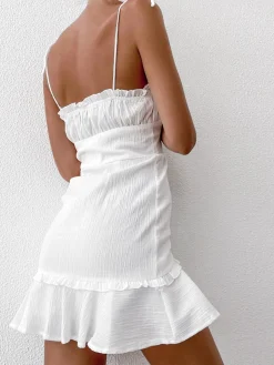 COMMENSE Sexy V-Neck Ruffle Skirt Tight Sling Short Dress* White Dresses|Black Dresses