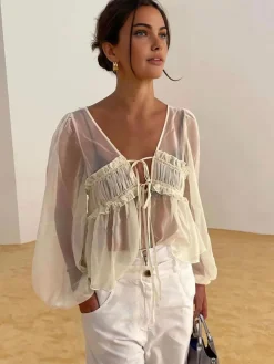 COMMENSE Sheer Long Sleeve Drawstring Blouse* Blouses & Shirts|Tops