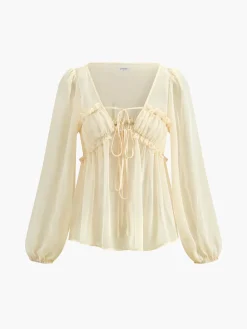 COMMENSE Sheer Long Sleeve Drawstring Blouse* Blouses & Shirts|Tops