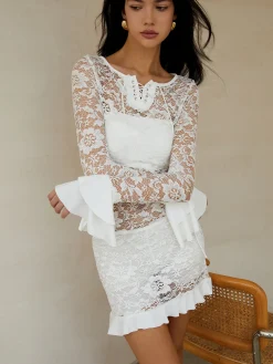 COMMENSE Sheer Long Sleeve Lace Short Dress* White Dresses|Casual Dresses