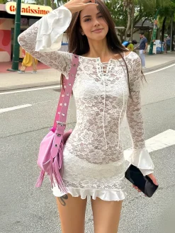COMMENSE Sheer Long Sleeve Lace Short Dress* White Dresses|Casual Dresses