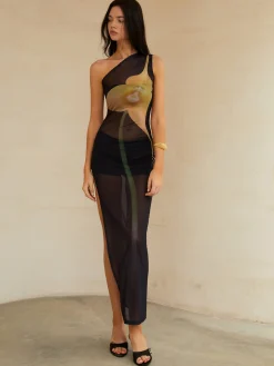 COMMENSE Sheer One Shoulder Split Midi Dress* Casual Dresses|Cocktail & Party Dresses