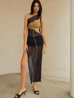 COMMENSE Sheer One Shoulder Split Midi Dress* Casual Dresses|Cocktail & Party Dresses