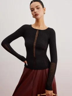 COMMENSE Sheer Panel Ribbed Slim Sweater* Sweater Tops|Sweaters & Cardigans