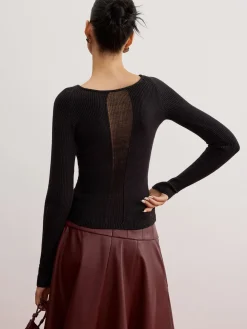 COMMENSE Sheer Panel Ribbed Slim Sweater* Sweater Tops|Sweaters & Cardigans