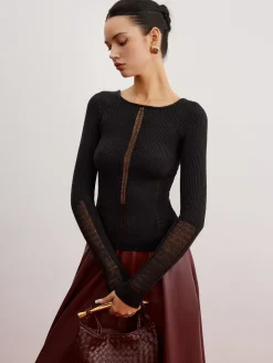 COMMENSE Sheer Panel Ribbed Slim Sweater* Sweater Tops|Sweaters & Cardigans