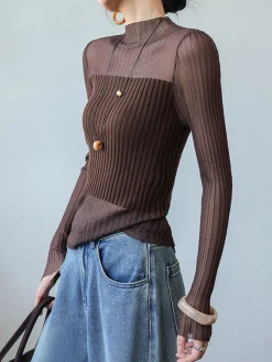 COMMENSE Sheer Panel Slim Sweater* Sweater Tops|Sweaters & Cardigans