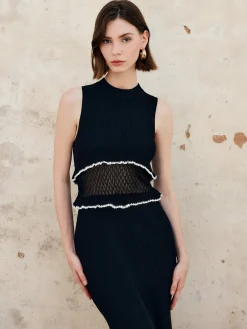 COMMENSE Sheer Raw Hem Sleeveless Sweater Dress* White Dresses|Sweater Dresses