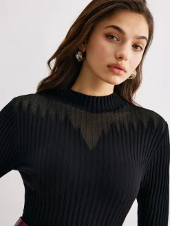 COMMENSE Sheer-Detail Ribbed Slim Sweater* Sweater Tops|Sweaters & Cardigans