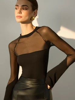 COMMENSE Sheer-Shoulder Jersey Skinny Blouse* Blouses & Shirts|Tops