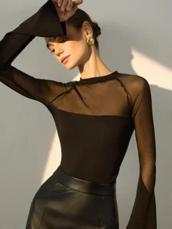 COMMENSE Sheer-Shoulder Jersey Skinny Blouse* Blouses & Shirts|Tops
