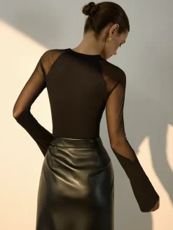 COMMENSE Sheer-Shoulder Jersey Skinny Blouse* Blouses & Shirts|Tops
