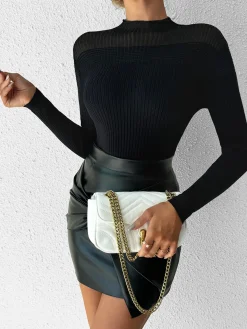 COMMENSE Sheer-Shoulder Slim Panel Knit Top* Sweater Tops|Sweaters & Cardigans