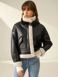 COMMENSE Sherpa Lined Shearling Leather Flight Jacket* Outerwear|Jackets