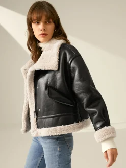 COMMENSE Sherpa Lined Shearling Leather Flight Jacket* Outerwear|Jackets