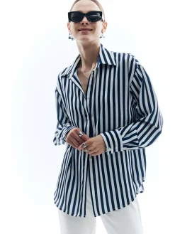 COMMENSE Shift Stripe Turndown Collar Shirt* Blouses & Shirts|Tops