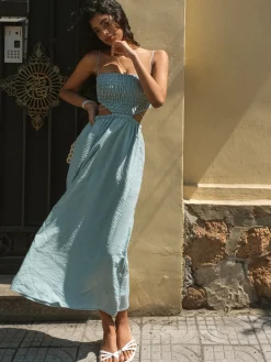 COMMENSE Shirred Cut Out Midi Dress* Casual Dresses|Vacation Dresses