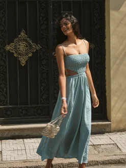 COMMENSE Shirred Cut Out Midi Dress* Casual Dresses|Vacation Dresses
