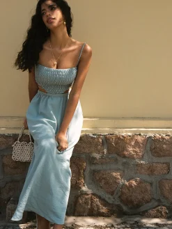COMMENSE Shirred Cut Out Midi Dress* Casual Dresses|Vacation Dresses