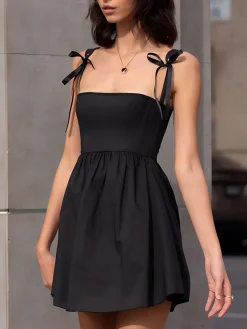 COMMENSE Shirred Knotted Cami Short Dress* Black Dresses|Casual Dresses