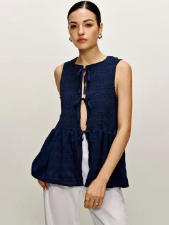 COMMENSE Shirred Lace Up Ruffle Tank Blouse* Blouses & Shirts|Tank Tops & Camis