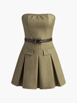 COMMENSE Shirred Pleated Tube Dress With Belt* Casual Dresses|Work Dresses