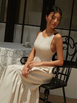 COMMENSE Shirred Tie Detail Cami Long Dress* White Dresses|Casual Dresses